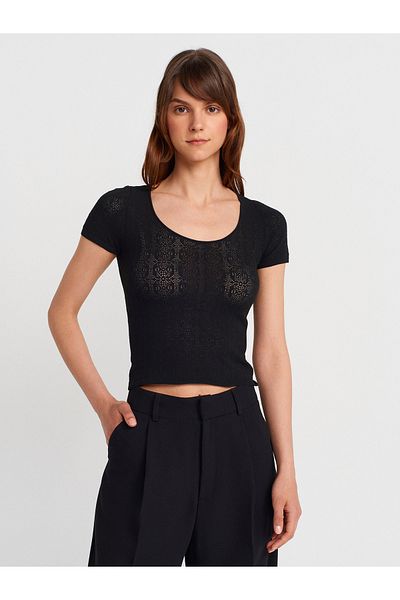 Dilvin 10755 Short Sleeve Lace Textured Thin Knitwear Blouse-Black