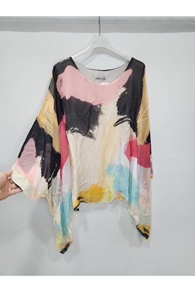 della moor Beige Italian Color Patterned Bat Sleeve Silk Blend Blouse