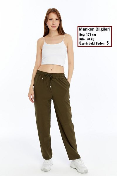 KRAVEN Women's Khaki Summer Oversize Straight Leg Parachute Fabric Sweatpants Loose Relaxed Trousers