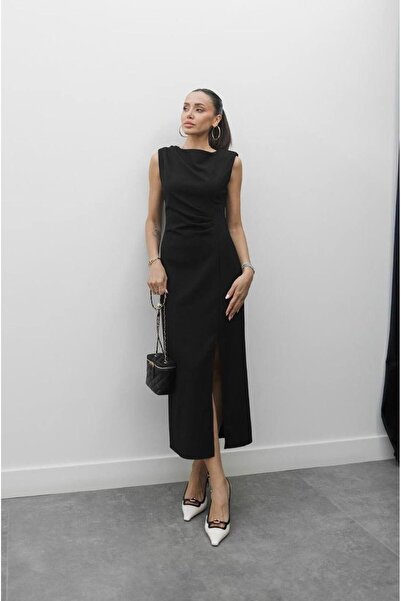 maf collection Kadın Siyah Midi Boy Vatkalı Ve Yırtmaç Detay Abiye Mezuniyet Elbisesi