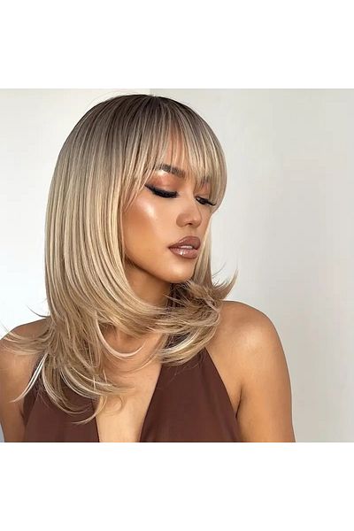 animis beauty Ash Blonde Wig, natural-looking synthetic fiber, medium straight hair, with bangs, 40 cm