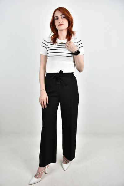 moda caddesi Women's Elastic Waist Belted Wide Leg Trousers.