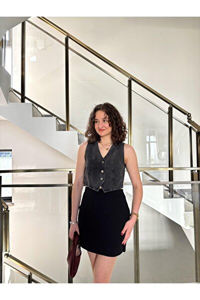 Sude Kızanlıklı Four Button Anthracite Denim Vest