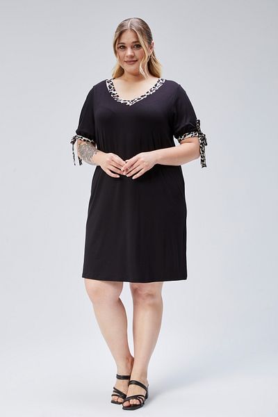 Curvy Trend Φόρεμα με λεοπάρ λεπτομέρεια με μανίκια με λαιμόκοψη σε μεγάλο μέγεθος