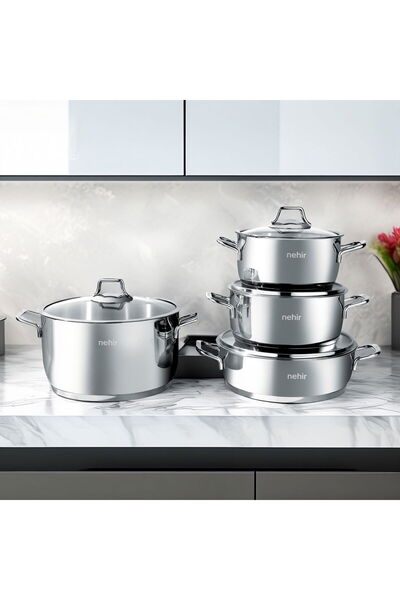 MATMEL طقم أواني طهي فولاذية كلاسيكية فضية 8 قطع - رمادي