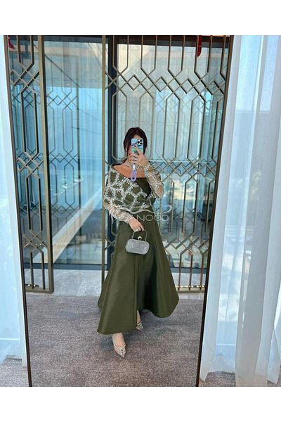 ALANOOD FASHION Olive green evening dress with beaded detailing on the chest