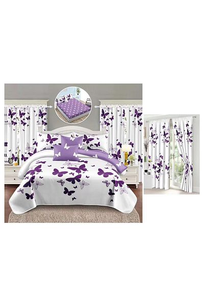 CHIRASO CHIRASO Finet Bedding Set, 8 Pieces with 2 Curtains, Fitted Sheet 180x200, Duvet Cover 200x230, 4 Pillowcases