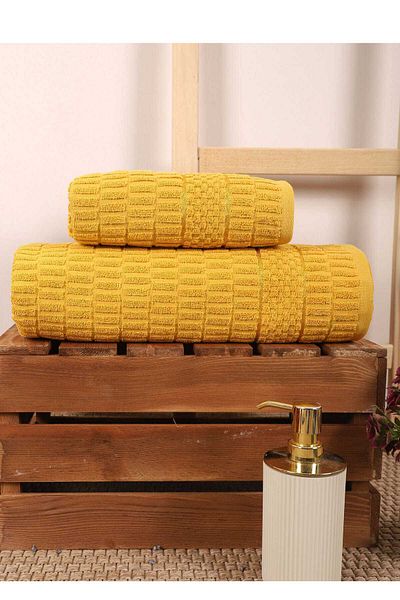 merland benvecocuk 2 Piece Bath Towel Set 100% Cotton Swab Pattern Yellow