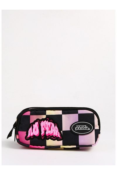 No Fear Pencil Bag 03586 Pink Yellow Checker Double Compartment