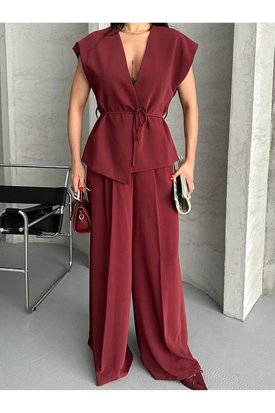 MYGİYİMİSTANBUL Slim Belt Detail V-Neck Sleeveless Top Wide Leg Pants Two-Piece Set