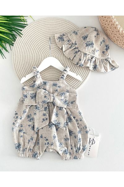 Jammybaby Sarah Bow 100% Cotton Linen Baby Girl Romper and Ruffle Hat Set-Beige