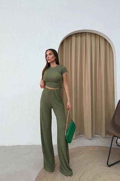 MOZENA Blouse and Trousers Seersucker Suit with Gathered Sides Detail