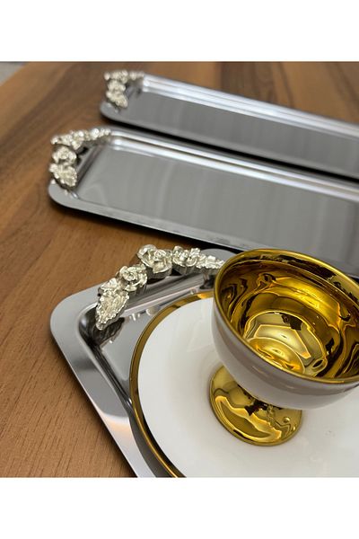 Elzemm store 6 Pcs Steel Rectangular Silver Handle Service and Presentation Tray Luxury