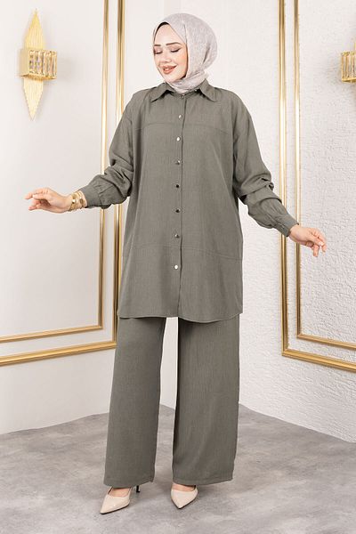 Tesettür Dünyası Double Suit with Stitching Detail Tsd250180 Khaki