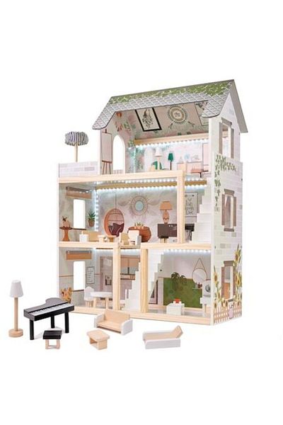 ideal STORE Wooden Dollhouse Vintage Boho idealSTORE, 62x26x78 cm, Includes 4 Rooms, Numerous Wooden Furniture A