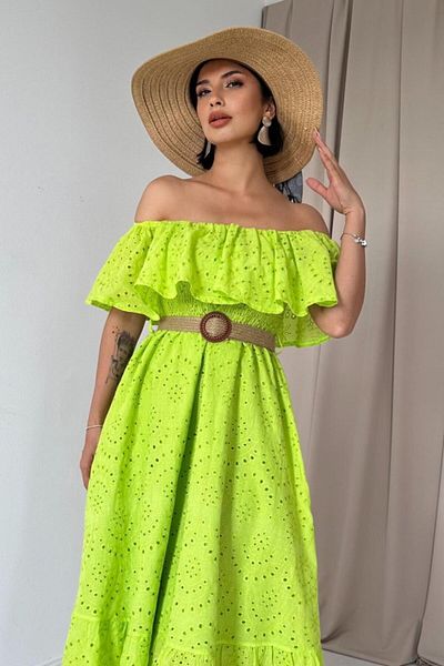 modaserdem Oil Green Brode Dress with Elastic Shoulders