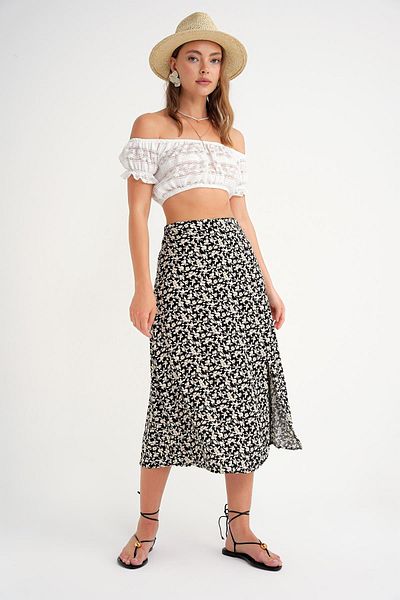 Mixray 4696 Women's Slit Detailed Floral Patterned Viscose Fabric Midi Woven Skirt Black