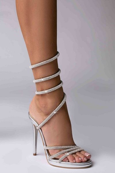 Vanilla Days Sandale Selena cu toc subtire, piele naturala argintie plus cristale