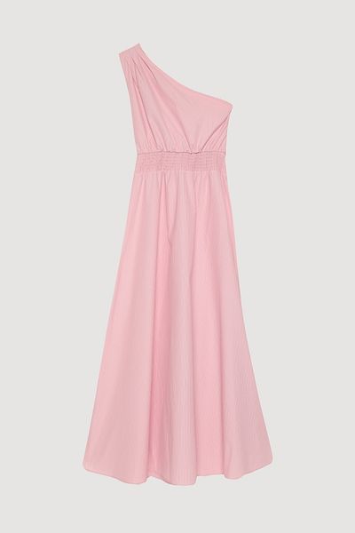 Quzu Rochie midi cu un singur umăr cu talie elastică în dungi roz