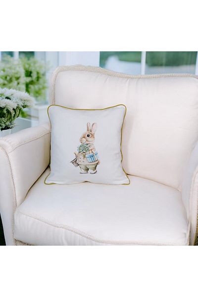 ASDİVA Digital Printing Easter Themed Rabbit Pattern Piping Decorative Throw Pillow Cover 45X45