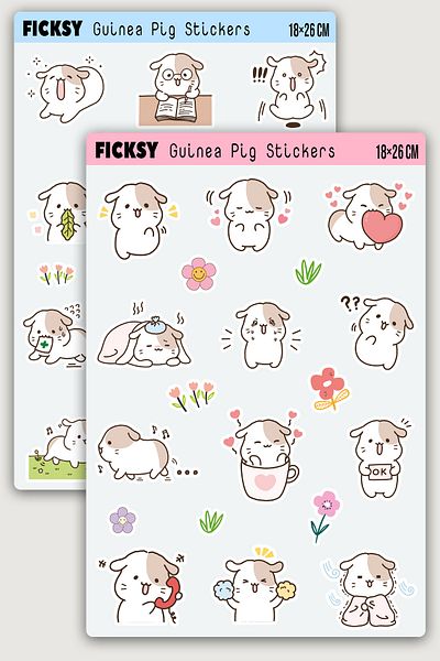 Ficksy Kawaii Style Cute Guinea Pig Sticker Set - 34 Pieces Guinea Pig Sticker Stickers