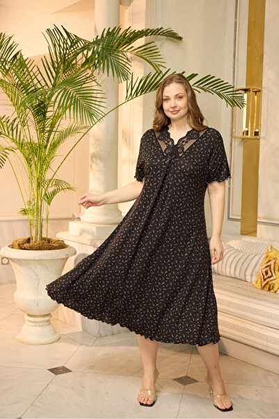 Miss Meryem Çiçek Desenli Siyah Ring Viskon Kısa Kol Elbise