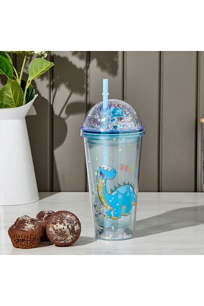 MATMEL Polycarbonate Double Walled Dinosaur Cup with Straw - - 450 ml