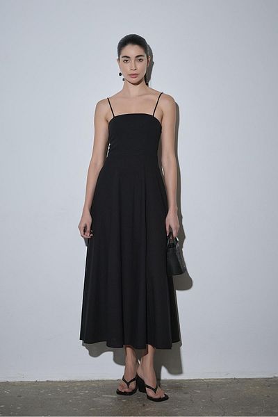 Suud Collection Μαύρο λινό φόρεμα Melinda με λουράκι