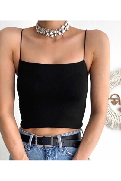 Alegante Half-Lined Black Crop Tank Top with Thin Rope Straps Bady