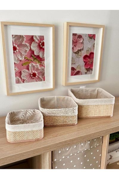 Akayev Beige Wicker 3-Piece Square Basket