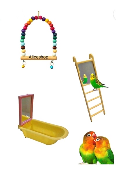 aliceshop Muhabbet kuşu Aynalı Küvet Aynalı Merdiven ve Salıncak Oyun Seti
