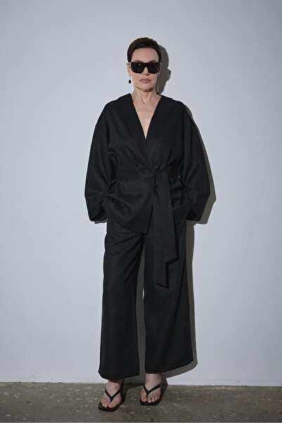 Suud Collection Black 100% Linen Eleni Kimono