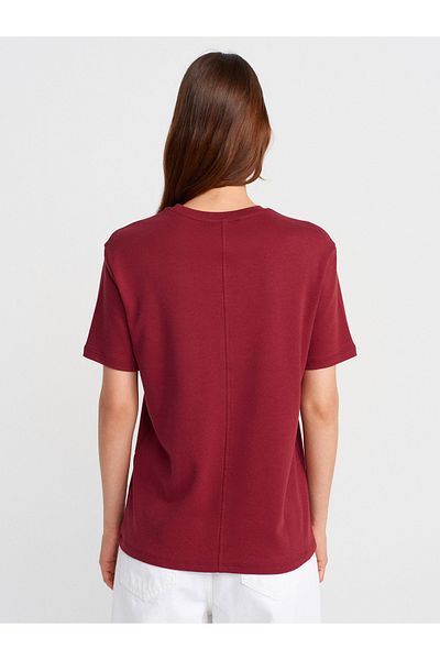 Dilvin 31218 Stitch Detailed T-Shirt-Light Claret Red