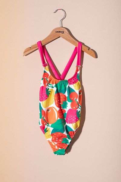 Cansın Mini Pink Rope Strap Fruit Patterned Girl's Swimsuit 21071