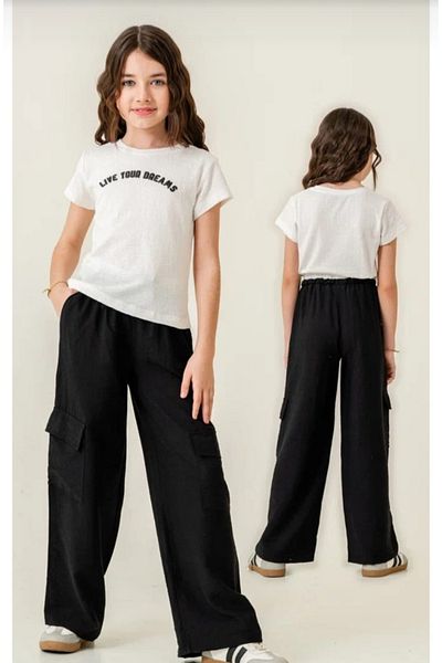 Cichild Girls' Woven Blouse Elastic Waist Cargo Pocket Pocket Lace up Woven Trousers Set