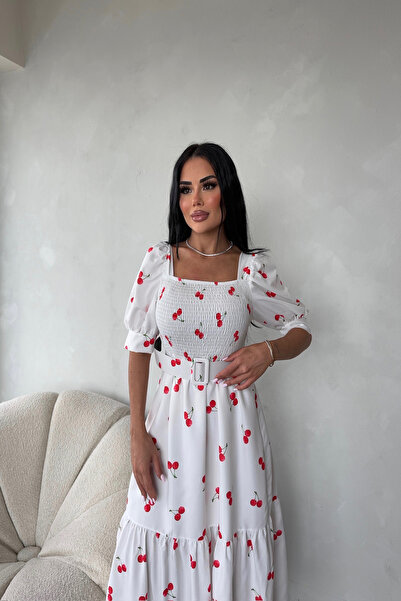 LİLA İSTANBUL Καλοκαιρινό φλοράλ φόρεμα με τετράγωνο γιακά και λεπτομέρεια με ζώνη Gipeli