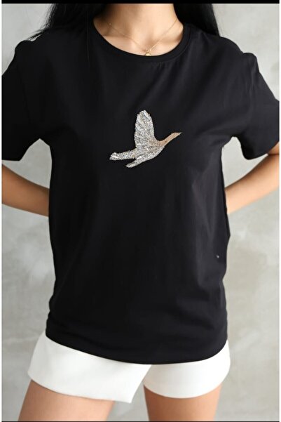 CLUB Kadın Gold Taşlı, Kuş Figürlü, Siyah Tişört.