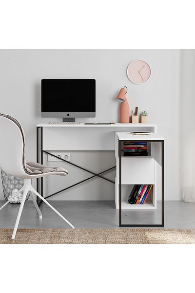 Mourah Home Badau L-Shaped Rotating Desk with Storage, Bookshelf & Shelves – Modern Industrial Work Table