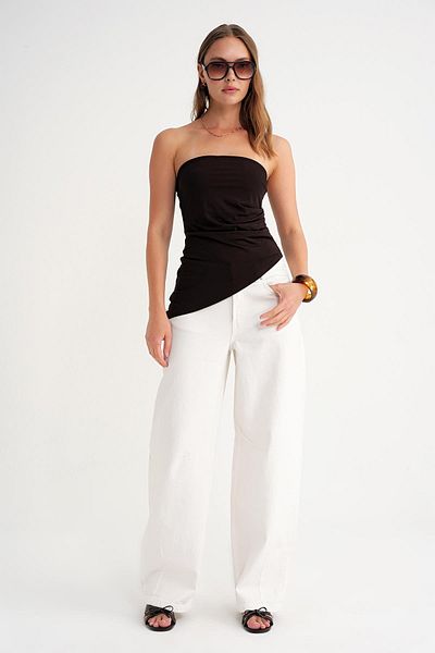 Mixray 2013 Women's Gathered Waist Asymmetrical Strapless Blouse Coffee