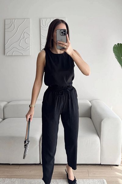 MOZENA Aerobin Fabric Zero Sleeve Blouse and Pants Set