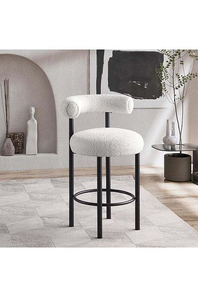 Generic Boucle Fabric Bar Stool, Modern White Chair