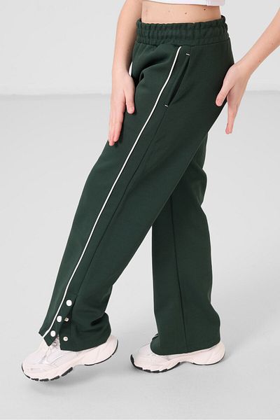 TOMMY LIFE Ecru-Pine Green O Neck Printed Wide Leg Snap Detail Girls Palazzo Tracksuit Set - 75172