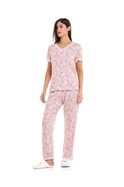 R&B Pink Printed V-Neck Pyjama Set