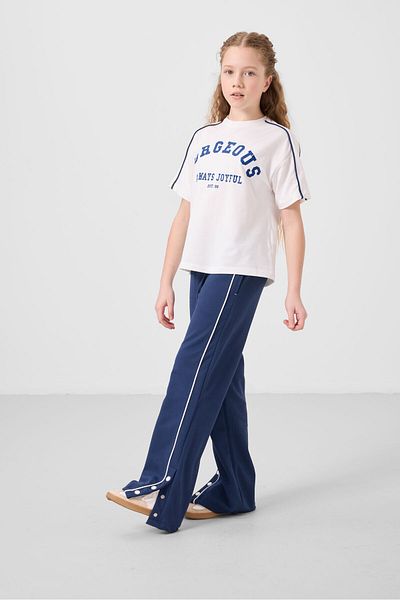 TOMMY LIFE Ecru-Parliament O Neck Printed Wide Leg Snap Detail Girls Palazzo Tracksuit Set - 75172