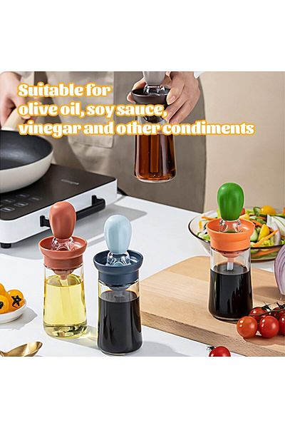 WeoTca Oil Dispenser With Brush, Glass/silicone, Transparent/green/pink, 180 ml