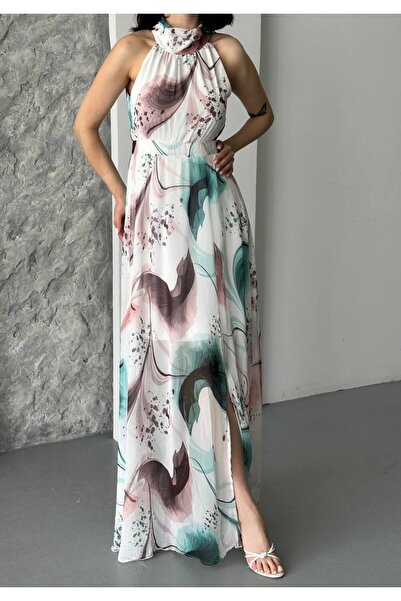 LACASE Women's Floral Print Halter Neck Chiffon Long Dress