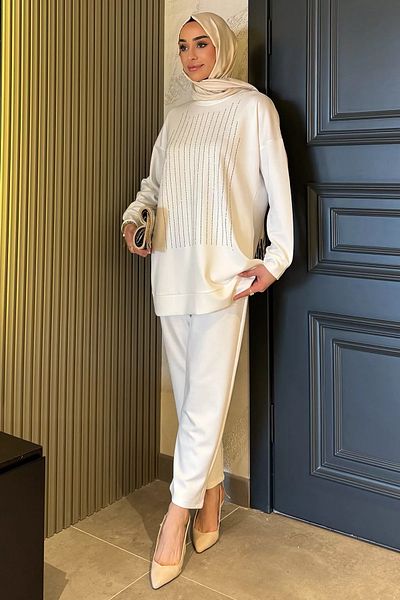 julude White Crew Neck Front Stone Plus Size Hijab Tunic Trousers Double Set