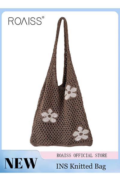 ROAISS Women's Shoulder Bag Tote Bag Flower Pattern Knitted Bag Hollow