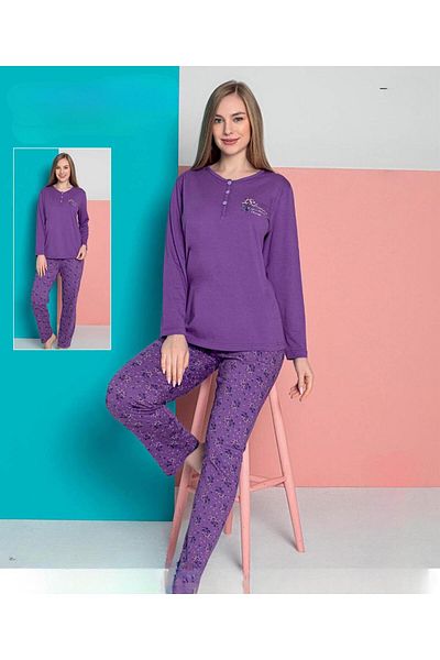 SENFONİ Senfoni Women's Modal Combed Cotton Lycra Button Collar Long Sleeve Pajama Set 10382 -1 Piece