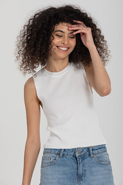 İLKCET MODA Basic White Sleeveless Crop Women's Knitwear